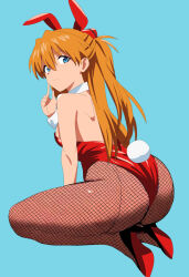  1girl absurdres animal_ears aqua_background arms_up ass bare_shoulders breasts brown_hair cleavage curvy detached_collar embarrassed full_body hair_between_eyes hair_ornament highleg highleg_leotard highres huge_ass jaaaan kneeling leotard long_hair looking_at_viewer looking_back neon_genesis_evangelion playboy_bunny rabbit_ears red_leotard shiny_clothes shiny_skin simple_background skin_tight skindentation smile solo souryuu_asuka_langley thong_leotard two_side_up very_long_hair wide_hips 