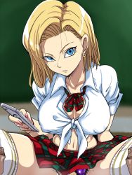  1girl android_18 blonde_hair blue_eyes breasts cellphone chalkboard classroom cleavage clothing_aside dragon_ball front-tie_shirt large_breasts panties panties_aside phone plaid plaid_skirt pubic_hair purple_panties raburebo school_uniform short_hair skirt thighhighs underwear white_thighhighs  rating:Questionable score:61 user:jojosstand