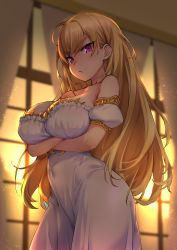  1girl :&lt; absurdres backlighting bare_shoulders blonde_hair blurry blurry_background blush breast_hold breasts cleavage closed_mouth collarbone covered_navel cowboy_shot crossed_arms curtains depth_of_field detached_sleeves dress evening highres indoors large_breasts long_hair looking_at_viewer nijisanji pink_eyes puffy_short_sleeves puffy_sleeves short_sleeves solo strapless strapless_dress sunlight sunset takamiya_rion takamiya_rion_(2nd_costume) try_(lsc) v-shaped_eyebrows very_long_hair virtual_youtuber white_dress window  rating:Sensitive score:72 user:danbooru