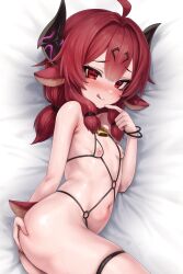  1girl ahoge ass bare_arms bare_shoulders bed_sheet bell bikini blondy_(ldlong) blush breasts cowbell goat-chan_(enarane) goat_girl goat_horns goat_tail hair_ornament highres horns licking_lips long_hair looking_at_viewer lying micro_bikini navel neck_bell nipples o-ring o-ring_bikini original red_eyes red_hair see-through sidelocks simple_background small_breasts smile solo swimsuit tongue tongue_out wet white_background  rating:Questionable score:19 user:danbooru