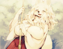  1girl breasts dog closed_eyes furry huge_breasts japanese_clothes kishibe large_breasts long_hair open_mouth white_hair  rating:Sensitive score:19 user:KemonoLover96