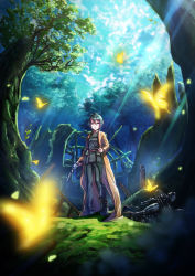  00s 108tooya 1girl bad_id belt belt_pouch black_hair boots bug building butterfly coat cross-laced_footwear forest glowing glowing_butterfly grass gun hair_between_eyes handgun highres holding holding_gun holding_weapon insect kino_(kino_no_tabi) kino_no_tabi lace-up_boots ladder long_coat long_sleeves motion_blur motor_vehicle motorcycle nature no_headwear outdoors pants pouch short_hair solo standing sunlight tree vehicle weapon 