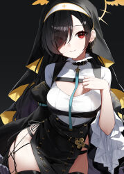 1girl absurdres black_background black_choker black_hair black_thighhighs blue_archive blush breasts choker closed_mouth coif cowboy_shot earrings eyes_visible_through_hair gnns habit hair_over_one_eye halo highres hinata_(blue_archive) jewelry large_breasts long_hair looking_at_viewer nun red_eyes simple_background sleeve_garter smile solo thighhighs wide_sleeves yellow_halo  rating:Sensitive score:5 user:danbooru