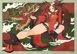  1girl arm_up bare_legs bare_shoulders breasts brown_eyes brown_hair china_dress chinese_clothes chinese_text cloud detached_sleeves dragon dress fighting_stance green_background guilty_gear guilty_gear_xrd hair_ornament hairclip highres kuradoberi_jam long_hair medium_breasts oko_(ocotaros) smile thick_thighs thighs wide_sleeves wryyoco 