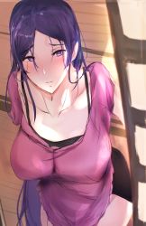 1girl absurdres blush breasts cleavage collarbone fate/grand_order fate_(series) highres indoors large_breasts long_hair looking_at_viewer mika_l minamoto_no_raikou_(fate) parted_bangs parted_lips purple_eyes purple_hair sitting solo very_long_hair rating:Sensitive score:43 user:danbooru