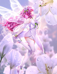  1girl absurdres alternate_hair_color ankle_flower anklet arm_up been blurry blurry_background blurry_foreground butterfly_wings closed_mouth dress elesis_(elsword) elsword fairy floating_hair flower flying from_side full_body hair_between_eyes hair_flower hair_ornament highres insect_wings jewelry layered_dress long_hair pink_eyes pink_hair profile short_dress sleeveless sleeveless_dress smile solo sparkle strapless strapless_dress thighhighs transparent_wings very_long_hair white_dress white_flower white_thighhighs white_wings wings  rating:Sensitive score:10 user:danbooru