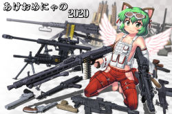 2020 :3 ak-47 angel_wings animal_ears anti-materiel_rifle assault_rifle asymmetrical_dual_wielding barefoot barrett_m82 bipod breasts browning_m2 bulletproof_vest bullpup cat_ears character_name detached_sleeves dual_wielding goggles goggles_on_head green_eyes green_hair gun handgun hase_yu heavy_machine_gun holding kalashnikov_rifle kriss_vector light_machine_gun m249 machine_gun mg42 nyano original pistol pouch revolver rifle s&amp;w_model_500 scope seiza sideboob sitting small_breasts smile smith_&amp;_wesson sniper_rifle squad_automatic_weapon submachine_gun translation_request trigger_discipline weapon wings