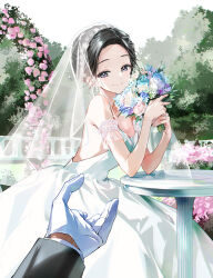  1boy 1girl bare_shoulders black_hair dress flower gloves masamune-kun_no_revenge sitting smile tiv veil wedding_dress white_gloves 