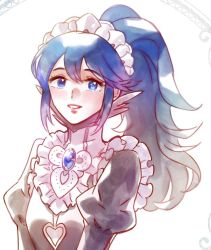 1girl blue_eyes blue_hair blush cosplay felicia_(fire_emblem) felicia_(fire_emblem)_(cosplay) fire_emblem fire_emblem_awakening fire_emblem_fates liefe looking_at_viewer lucina_(fire_emblem) maid maid_cap nintendo pointy_ears ponytail simple_background smile solo white_background  rating:Sensitive score:9 user:danbooru