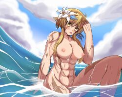  1girl abs annoyed beach blonde_hair breasts brown_hair cloud cloudy_sky flower flower_on_head genshin_impact ghost grin heterochromia highres large_breasts lumine_(genshin_impact) muscular muscular_arms muscular_female muscular_legs muscular_male nipples scar scar_on_face sky smile super_soaker tongue tongue_out twintails water wet white_hair yellow_eyes yukiart_83  rating:Explicit score:5 user:ToukaxKaneki