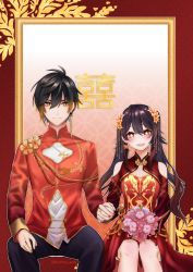  1boy 1girl alternate_costume bare_shoulders bird black_hair black_pants blush bouquet breasts bride brown_hair butterfly_earrings chinese_clothes chinese_text closed_mouth collared_shirt colored_tips commentary diamond-shaped_pupils diamond_(shape) dragon dragon_print dress earrings eastern_dragon english_commentary eyeliner eyeshadow fenghuang flower flower-shaped_pupils genshin_impact gradient_hair groom hair_between_eyes hair_flower hair_ornament highres holding_hands hu_tao_(genshin_impact) interlocked_fingers jewelry krishna_artly long_hair long_sleeves looking_at_viewer makeup multicolored_hair nail_polish open_mouth orange_flower orange_hair pants phoenix pink_flower ponytail red_dress red_eyes red_eyeshadow red_nails ring shaped_pupils shirt sidelocks signature single_earring sitting smile star- star-shaped_pupils star_(symbol) symbol-shaped_pupils tassel teeth twintails upper_teeth_only wedding wedding_dress wedding_ring yellow_eyes zhongli_(genshin_impact)  rating:Sensitive score:9 user:danbooru
