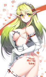 10s 1girl 2013 2014 apron ass blush body_writing breasts elbow_gloves elf elsword female_focus gloves green_eyes green_hair heart heart_background highres large_breasts long_hair looking_at_viewer maid_headdress matching_hair/eyes naked_apron new_year pointy_ears rena_erindel sideboob simple_background smile snowball22 solo strap_slip thighhighs white_gloves white_thighhighs rating:Questionable score:119 user:danbooru