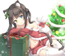 1girl animal_ear_fluff animal_ears bare_shoulders black_hair blue_eyes blurry blurry_background blush bow box cat_ears cat_girl cat_tail christmas christmas_ornaments christmas_tree closed_mouth collarbone depth_of_field elbow_gloves fur-trimmed_gloves fur-trimmed_skirt fur_trim garter_straps gift gift_box gloves green_bow hair_bow heterochromia highres keiran_(ryo170) long_hair navel original red_bow red_gloves red_skirt sack santa_costume skirt smile solo tail thighhighs twintails very_long_hair white_background white_thighhighs yellow_eyes rating:Sensitive score:2 user:danbooru