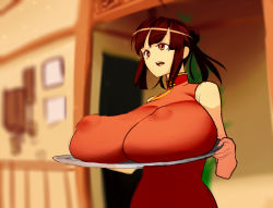 1girl bad_anatomy bad_id bad_pixiv_id bad_proportions bare_shoulders breast_rest breasts breasts_on_tray brown_eyes brown_hair carried_breast_rest carrying china_dress chinese_clothes covered_erect_nipples dress gigantic_breasts helmet_(touhu812) holding holding_tray long_hair open_mouth original poorly_drawn puffy_nipples solo tray upper_body rating:Questionable score:58 user:danbooru