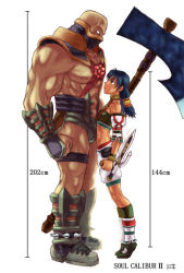  1boy 1girl arm_guards astaroth_(soulcalibur) axe bald bladed_tonfa blue_hair copyright_name detached_sleeves eye_contact halterneck height_chart height_difference homunculus huge_weapon itou_yuuji leg_warmers lineup looking_at_another looking_down looking_up mask midriff muscular namco no_pupils shorts simple_background size_difference soul_calibur soulcalibur soulcalibur_ii strapless talim tiptoes tonfa tube_top weapon  rating:Sensitive score:61 user:danbooru