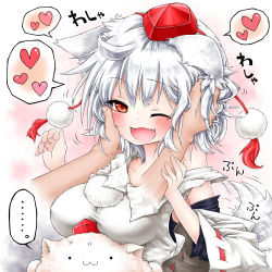  ... 1girl :3 :d anger_vein animal_ears anzu_ame blush breast_rest breasts breasts_on_head face fangs female_focus happy hat headpat heart inubashiri_momiji large_breasts messy_hair mofuji one_eye_closed open_mouth red_eyes ruffling_hair silver_hair smile solo_focus spoken_ellipsis spoken_heart tail tail_wagging tokin_hat touhou wink wolf_ears wolf_tail  rating:Sensitive score:25 user:danbooru