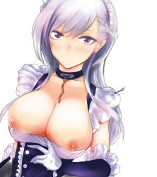 1girl arm_guards azur_lane belfast_(azur_lane) blush braid breasts broken broken_chain chain cleavage collar collarbone corset covered_erect_nipples dress elbow_gloves french_braid frilled_dress frills gloves highres kojima_(blue_stardust) large_breasts long_hair looking_at_viewer maid maid_headdress nipples purple_eyes silver_hair sleeveless sleeveless_dress solo upper_body white_gloves rating:Questionable score:25 user:danbooru