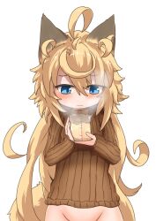  1girl ahoge animal_ears beaker blonde_hair blue_eyes blush bottomless brown_sweater closed_mouth female_focus fox_ears fox_girl fox_tail groin hair_between_eyes highres kazekiri loli long_hair long_sleeves original out-of-frame_censoring simple_background solo steam suggestive_fluid sweater tail upper_body very_long_hair wavy_mouth white_background 