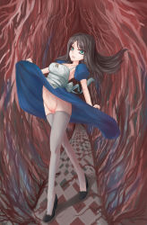  1girl alice:_madness_returns alice_(alice_in_wonderland) alice_in_wonderland alice_liddell_(american_mcgee&#039;s_alice) american_mcgee&#039;s_alice american_mcgee's_alice artist_request black_hair breasts cleft_of_venus clothes_lift dress dress_lift green_eyes highres no_panties pussy sideboob solo tagme thighhighs uncensored  rating:Explicit score:67 user:Juni221
