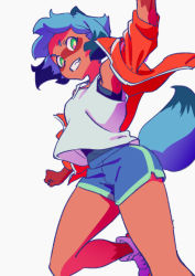  1girl arm_up armpit_peek backlighting bad_id bad_twitter_id bare_legs blue_hair blue_shorts body_fur brand_new_animal bright_pupils clenched_hand contrapposto cowboy_shot eyebrows fang from_below from_side furry furry_female green_eyes grey_background grin jacket jumping kagemori_michiru leg_lift looking_at_viewer looking_down miyazaki_shiori multicolored_eyes multicolored_hair off-shoulder_jacket off_shoulder official_art open_clothes open_jacket popped_collar raccoon_girl raccoon_tail red_jacket shoes short_hair shorts simple_background smile sneakers snout solo tail tank_top thighs track_jacket trigger_(company) two-tone_hair undershirt v-shaped_eyebrows white_tank_top wrist_extended 