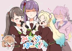  &gt;_&lt; &gt;o&lt; ... 3: 5girls :3 :d ;d =_= absurdres ahoge anyoji_hime arrow_(symbol) black_ribbon blonde_hair blue_eyes blue_hair blunt_bangs blush blush_stickers brown_dress brown_hair crossed_bangs dress fang flower flying_sweatdrops fujishima_megumi girl_sandwich gradient_hair green_neckerchief grey_background group_name hair_flower hair_intakes hair_ornament hair_ribbon hashtag-only_commentary hasu_no_sora_school_uniform highres hinoshita_kaho holding holding_microphone hood hooded_jacket jacket kanzaki_gou light_blue_hair link!_like!_love_live! long_hair long_sleeves looking_at_viewer love_live! medium_hair microphone mira-cra_park! multi-tied_hair multicolored_hair multiple_girls neckerchief notice_lines one_eye_closed open_clothes open_jacket open_mouth osawa_rurino otomune_kozue parted_bangs pink_flower pink_hair pink_jacket pleated_dress ponytail purple_eyes rabbit_hair_ornament ribbon sailor_collar sailor_dress sandwiched school_uniform shaded_face sidelocks skin_fang smile squinting swept_bangs twintails two_side_up virtual_youtuber white_flower white_sailor_collar winter_uniform xd 