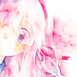  1girl alternate_hair_color close-up commentary_request hair_ribbon hairband head_out_of_frame kagerou_project kozakura_marry long_hair looking_at_viewer moekon painting_(medium) pink_background pink_eyes pink_hair pink_ribbon portrait red_ribbon ribbon solo tears traditional_media watercolor_(medium) 