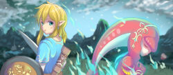  1boy 1girl blue_shirt blue_sky blurry blurry_background closed_eyes closed_mouth cloud commentary_request day depth_of_field grass hands_up layered_sleeves link long_sleeves mipha mountain nintendo outdoors own_hands_together sheath shield shirt short_over_long_sleeves short_sleeves sky sword the_legend_of_zelda the_legend_of_zelda:_breath_of_the_wild tukino_neru weapon 