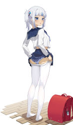 1girl absurdres backpack bag bangom_r blue_eyes blue_hair blue_panties blue_sailor_collar blue_skirt blunt_bangs blush clothes_lift dice_hair_ornament from_behind full_body gawr_gura hair_ornament highres hololive hololive_english long_sleeves looking_to_the_side multicolored_hair no_shoes panties pantyhose parted_lips pleated_skirt sailor_collar school_uniform serafuku shirt side_ponytail simple_background skirt skirt_lift solo streaked_hair underwear virtual_youtuber white_background white_hair white_pantyhose white_shirt rating:Sensitive score:94 user:danbooru