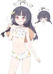 1girl absurdres bare_arms bare_shoulders black_hair blue_archive breasts hagoonha highres miyu_(blue_archive) miyu_(swimsuit)_(blue_archive) official_alternate_costume official_alternate_hairstyle red_eyes small_breasts swimsuit thighs rating:Sensitive score:14 user:danbooru