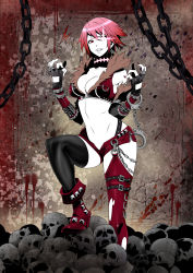  1girl absurdres armitage boots bracelet breasts buckle_straps chain cleavage collar cuffs fingerless_gloves fur_trim gloves glowing glowing_eyes goth_fashion handcuffs highres hirabaru_kenji jewelry leather leather_straps meiko_(vocaloid) midriff nail_polish navel open_fly punk red_eyes red_hair red_nails short_hair short_shorts shorts single_thighhigh skull solo spiked_bracelet spiked_wrist_cuff spikes studded_leather studded_thighhighs thighhighs torn_clothes unbuttoned unzipped vocaloid  rating:Sensitive score:110 user:danbooru