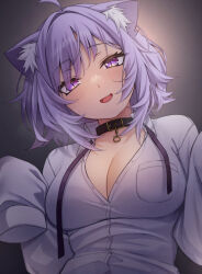  1girl :d ahoge animal_collar animal_ear_fluff animal_ears black_collar blunt_bangs blush breasts cat_ears cat_girl cleavage collar collared_shirt diagonal_bangs dress_shirt fang head_tilt highres hololive large_breasts long_sleeves looking_at_viewer medium_hair messy_hair neck_ribbon nekomata_okayu nekomata_okayu_(oversized_shirt) no_bra official_alternate_costume official_alternate_hairstyle open_mouth partially_unbuttoned purple_eyes purple_hair purple_ribbon ribbon shirt skin_fang sleeves_past_fingers sleeves_past_wrists smile solo tenpa_illust upper_body virtual_youtuber white_shirt 