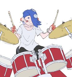 1girl alternate_costume blue_hair blush bracelet cephalopod_eyes closed_mouth collarbone commentary_request cymbals drum drum_set drumming drumsticks earrings grey_pants hair_over_one_eye highres holding holding_drumsticks instrument jewelry jounetsu_(jonetunoaoitako) medium_hair motion_lines multiple_earrings music nintendo octoling one_eye_covered pants pink_pupils playing_instrument red_eyes shirt shiver_(splatoon) short_eyebrows short_sleeves sitting smile solo speed_lines splatoon_(series) splatoon_3 suction_cups sweat tentacle_hair tooth_earrings wavy_mouth white_background white_shirt 