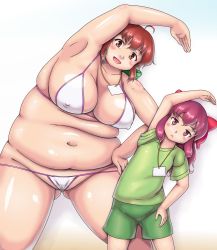  2girls ahoge belly bikini blush breasts brown_eyes brown_hair child cleavage covered_erect_nipples facing_viewer fat hair_ribbon huge_breasts id_card inamori_chiyoko inamori_futayo lanyard looking_at_viewer multiple_girls obese open_mouth original orizen purple_eyes purple_hair ribbon siblings simple_background sisters size_difference smile standing swimsuit thick_thighs thighs white_background 