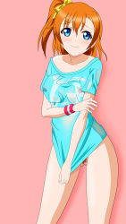  10s 1girl blue_eyes blush bottomless breasts clothes_pull covering_privates covering_crotch female_pubic_hair gluteal_fold kosaka_honoka large_breasts long_hair looking_at_viewer love_live! love_live!_school_idol_project magicalflight naked_shirt nipples no_bra no_panties orange_hair partially_visible_vulva pink_background pubic_hair pubic_hair_peek see-through shadow shirt shirt_pull shirt_tug simple_background smile solo standing wet wet_clothes wet_shirt 