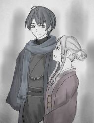  1boy 1girl byleth_(fire_emblem) byleth_(male)_(fire_emblem) couple edelgard_von_hresvelg fire_emblem fire_emblem:_three_houses hair_ornament hetero highres japanese_clothes kimono looking_at_another nintendo open_mouth purple_eyes scarf smile  rating:Sensitive score:1 user:firedin22