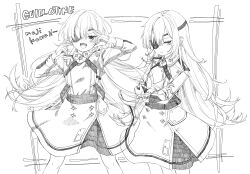  1girl :d blush character_name chuunibyou closed_mouth crossed_arms dress eyepatch flat_chest frown gloves goddess_of_victory:_nikke greyscale guillotine_(nikke) half_gloves highres long_hair looking_at_viewer military_uniform monochrome multiple_views open_mouth rotated sketch skirt smile tu_pa_pa_pa uniform wavy_hair 