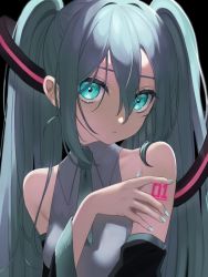  1girl absurdres aqua_eyes aqua_nails bare_shoulders black_background breasts detached_sleeves eyelashes glowing glowing_eyes green_necktie hair_between_eyes hair_ornament hair_over_one_eye hair_over_shoulder hair_strand hand_on_own_arm hatsune_miku highres long_hair looking_at_viewer nail_polish necktie parted_lips simple_background solo twintails upper_body uu3cm vocaloid  rating:General score:9 user:MatiuX64