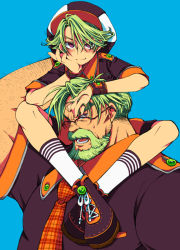  2boys age_difference carrying child head_rest cho_rui glasses green_hair hat looking_at_viewer male_focus multiple_boys peaked_cap red_eyes shoulder_carry smile socks uniform  rating:Sensitive score:5 user:littlestar3x