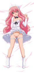  00s 1girl absurdres bed bed_sheet breasts cleft_of_venus clothes_lift dakimakura_(medium) feet highres loli long_hair louise_francoise_le_blanc_de_la_valliere maid nipples open_mouth panties panty_pull pinup_(style) pussy saliva skirt skirt_lift solo sugimura_tomokazu uncensored underwear zero_no_tsukaima  rating:Explicit score:88 user:znickt