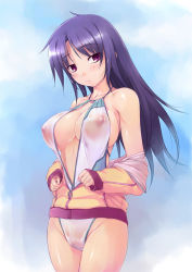  amei_sumeru blush covered_erect_nipples jacket long_hair nipples original purple_hair red_eyes see-through swimsuit third-party_edit undressing  rating:Questionable score:59 user:Hepooh