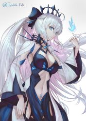  blue_flames fate_(series) hair_ornament highres midriff morgan_le_fay_(fate) tagme white_hair  rating:General score:8 user:Moldie