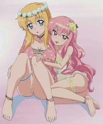 2girls anklet babydoll barefoot blonde_hair blue_eyes breasts cleavage cover dvd_cover elf feet flower frills hair_flower hair_ornament head_wreath jewelry large_breasts long_hair louise_francoise_le_blanc_de_la_valliere multiple_girls nail_polish naughty_face necklace official_art pink_eyes pink_hair pointy_ears pussy sitting strap_slip third-party_edit tiffania_westwood toenail_polish toenails toes tongue uncensored zero_no_tsukaima  rating:Explicit score:46 user:Anon_77