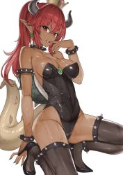  1girl alternate_hair_color alternate_skin_color artist_request bare_shoulders bowsette breasts cleavage dark_skin dark-skinned_female english_text female_focus highres horns kneeling leotard long_hair looking_at_viewer mario_(series) medium_breasts monster_girl nintendo open_mouth pointy_ears ponytail red_eyes red_hair smile solo sweat  rating:Sensitive score:31 user:ahegaolife