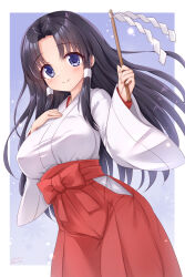  1girl absurdres black_hair blush borrowed_character breasts closed_mouth commentary_request hair_tubes hakama hakama_skirt hand_on_own_chest highres holding japanese_clothes kazuneko_(wktk1024) kimono large_breasts long_hair long_sleeves looking_at_viewer miko original parted_bangs red_skirt skirt smile solo standing white_kimono wide_sleeves 