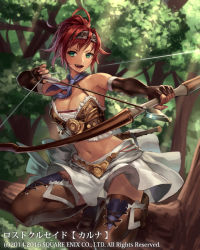  1girl bare_shoulders boots bow_(weapon) breasts cleavage cuboon elbow_gloves fingerless_gloves gloves green_eyes grin hairband kerchief large_breasts lost_crusade navel official_art open_mouth red_hair short_hair smile solo squatting thigh_boots thighhighs tree weapon  rating:Sensitive score:23 user:danbooru