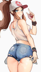  1girl absurdres ass bare_shoulders baseball_cap blue_eyes blue_shorts blush breasts brown_hair cowboy_shot creatures_(company) cutoffs denim denim_shorts from_behind game_freak hand_up hat high_ponytail highres hilda_(pokemon) holding holding_poke_ball looking_at_viewer looking_back medium_breasts midriff nero_watch nintendo parted_lips poke_ball pokemon pokemon_bw short_shorts shorts sidelocks simple_background skindentation solo tank_top thighs white_background white_tank_top 