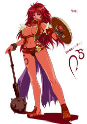  1girl armor bikini breasts center_opening cleavage female_focus full_body headband leather_armor long_hair mace monchuchu purple_eyes queen&#039;s_blade red_hair risty_(queen&#039;s_blade) shadow shield smile solo standing swimsuit weapon white_background  rating:Sensitive score:26 user:yap