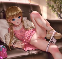 1girl absurdres asakuraf ass blonde_hair blush breasts cleft_of_venus couch dress flat_chest high_heels highres idolmaster loli lying mary_cochran on_side panties panties_around_leg panty_pull pussy small_breasts smile solo tagme uncensored underwear undressing rating:Explicit score:375 user:Low_hanging_loli
