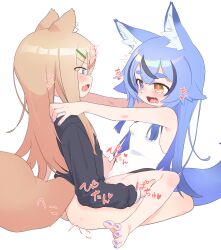  1boy 1girl animal_ear_fluff animal_ears bar_censor bare_arms bare_shoulders black_cardigan blonde_hair blue_eyes blue_hair blush borrowed_character bottomless cardigan censored commentary_request eye_contact fang fox_ears fox_tail foxx-chan_(foxxre) from_side hair_ornament hairclip hands_on_another&#039;s_shoulders heart heart-shaped_pupils hetero heterochromia highres konatsu_(owasaki) leg_grab long_hair looking_at_another moaning multicolored_hair nail_polish one-piece_swimsuit open_mouth original outstretched_arms owasaki purple_nails pussy sex sharp_teeth simple_background skin_fang sound_effects spread_legs straddling streaked_hair swimsuit symbol-shaped_pupils tail teeth thick_eyebrows toenail_polish toenails trap two-tone_hair upright_straddle variant_set white_background white_one-piece_swimsuit yellow_eyes 