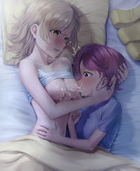  2girls ^^^ absurdres bare_arms bare_shoulders bed blanket blue_pajamas blush breast_sucking breastfeeding breasts camisole cleavage clenched_hand clothes_lift collarbone commentary_request commission daiba_nana fingernails green_eyes hair_down hand_on_another&#039;s_stomach hands_on_another&#039;s_head hands_up heart heart_in_eye heavy_breathing highres indoors isurugi_futaba lactation light_brown_hair looking_at_another lying medium_breasts medium_hair multiple_girls navel nipples on_bed on_side open_mouth pajamas pillow pink_hair pixiv_commission profile purple_eyes raised_eyebrows saliva shadow shirt_lift short_hair short_sleeves shoujo_kageki_revue_starlight shroomia smile stomach sweat swept_bangs symbol_in_eye teeth under_covers upper_teeth_only white_camisole yuri  rating:Questionable score:166 user:danbooru